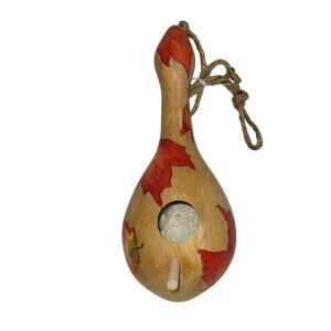 Fall Hand Painted Gourd Hanging Decorative Bird House Leaves 12" Orange / Brown
